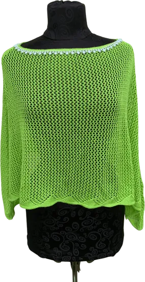 00's Lime Green Woven Crochet Heart Beaded Trim Shawl