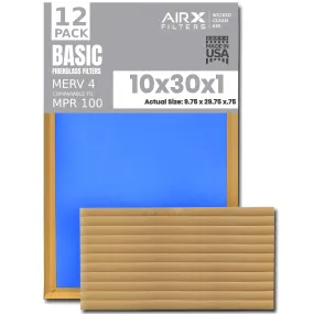 10x30x1 Air Filter Comparable to MPR 100 Basic Economy Furnace Filters, 12 Pack of Non Pleated Fiberglass Filter For Dust - Low Airflow Restriction! From AIRX FILTERS WICKED CLEAN AIR.