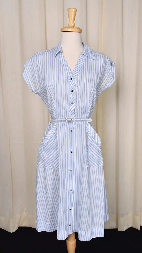 1950s Blue Striped Shirt Dress