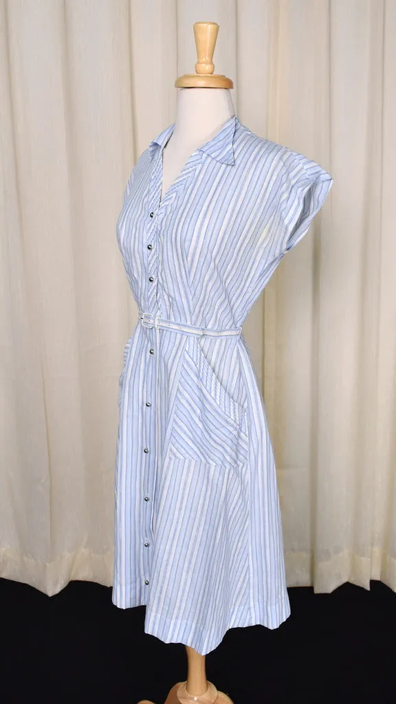 1950s Blue Striped Shirt Dress