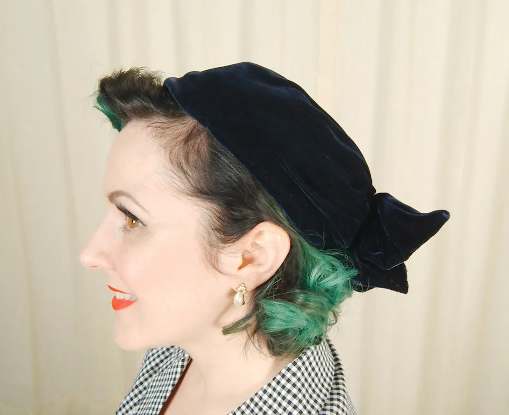 1950s Navy Velvet Bow Cap