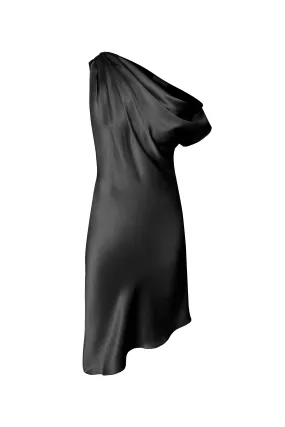 Asymmetric Draped Shoulder Dress - Black