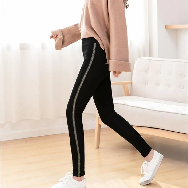 Autumn Winter Cotton Velvet Leggings Women High Waist Side Stripes Sporting Fitness Leggings Pants Warm Thick Leggings