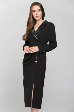 Black Studded Collar Side Button Midi Dress