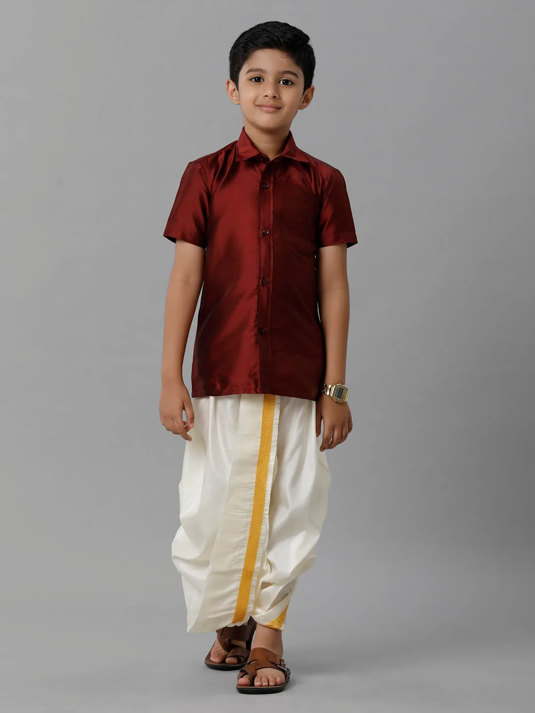 Boys Silk Cotton Maroon Half Sleeves Shirt with Soft Silk Panchakacham Combo K7