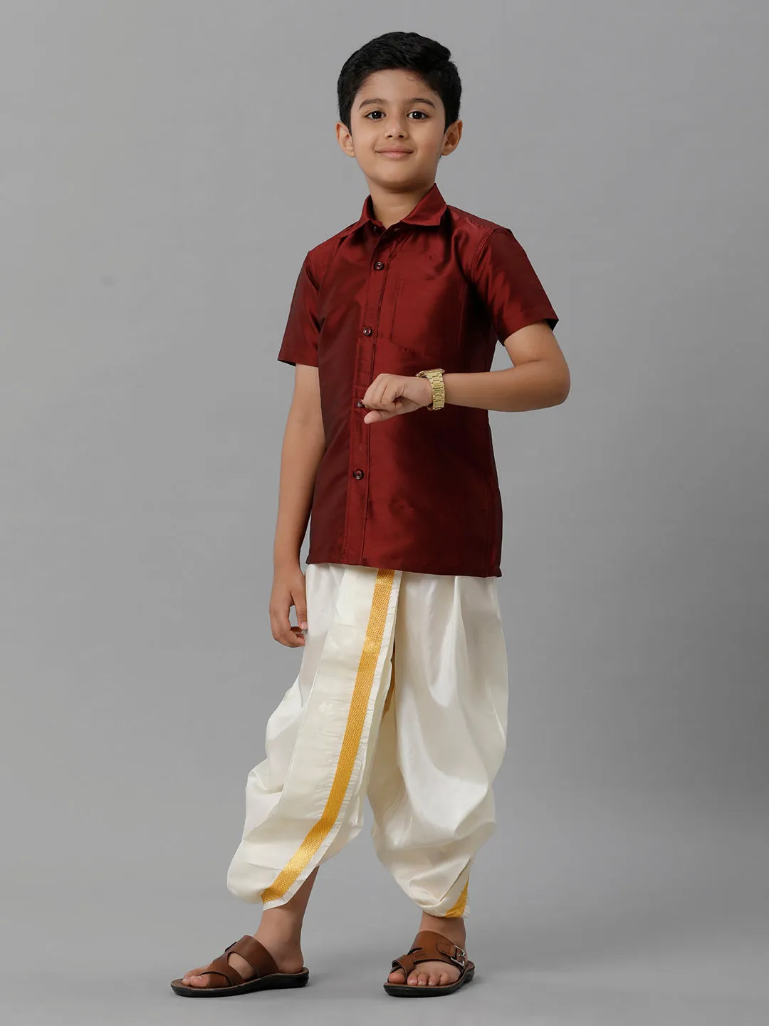 Boys Silk Cotton Maroon Half Sleeves Shirt with Soft Silk Panchakacham Combo K7