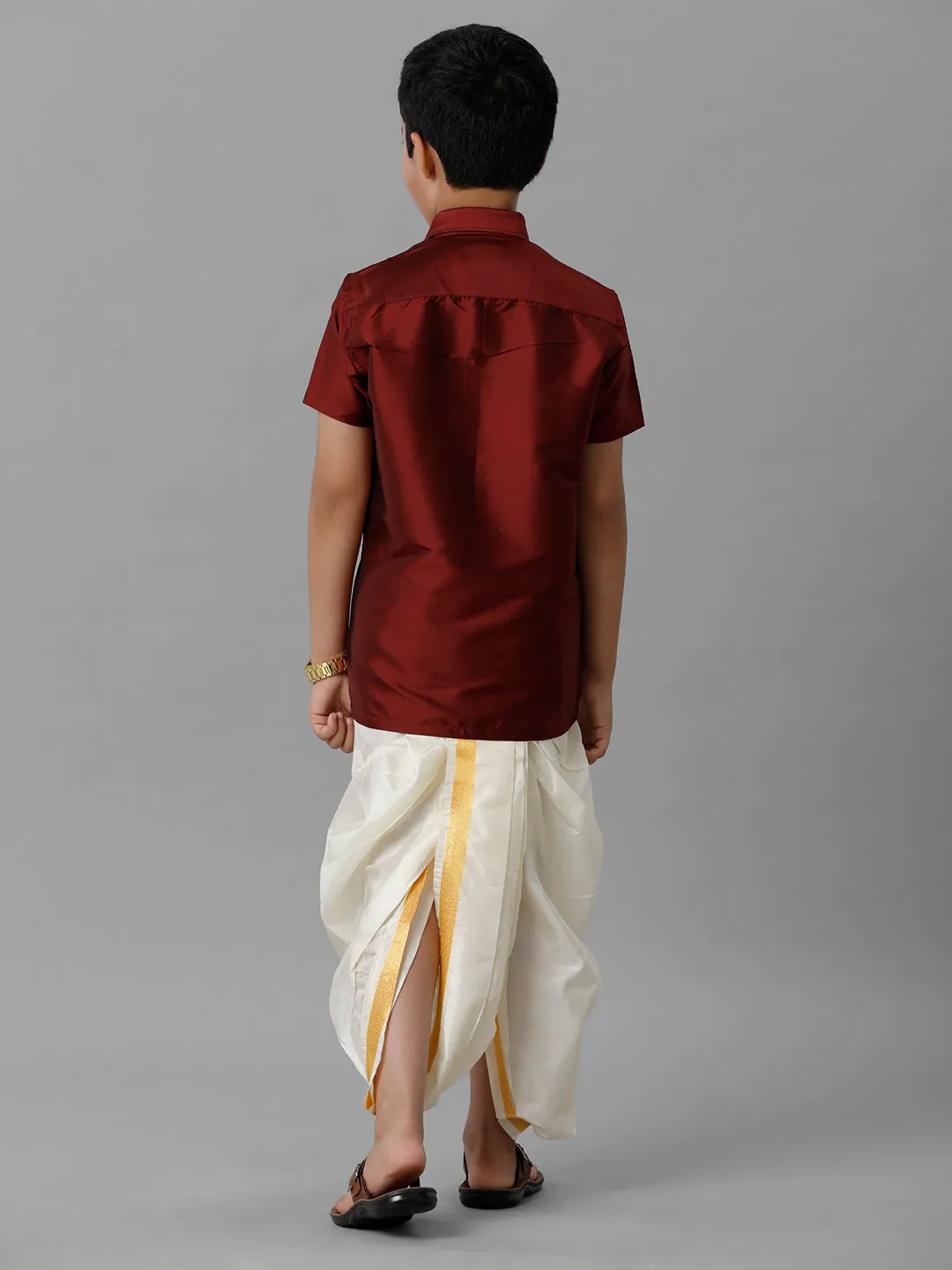 Boys Silk Cotton Maroon Half Sleeves Shirt with Soft Silk Panchakacham Combo K7