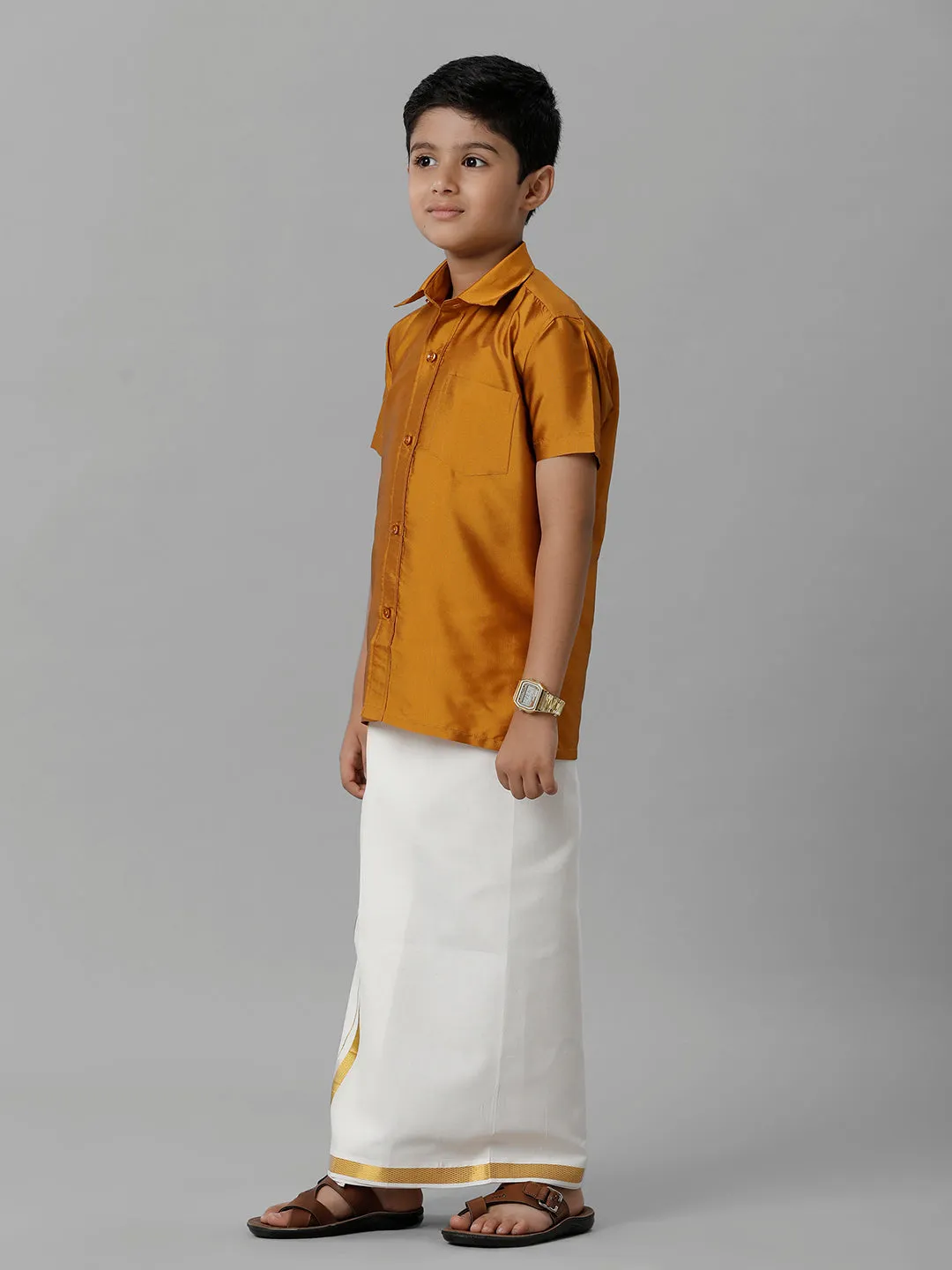 Boys Silk Cotton Mustard Half Sleeves Shirt with Adjustable Cream Dhoti Combo K37