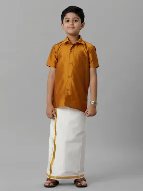 Boys Silk Cotton Mustard Half Sleeves Shirt with Adjustable Cream Dhoti Combo K37