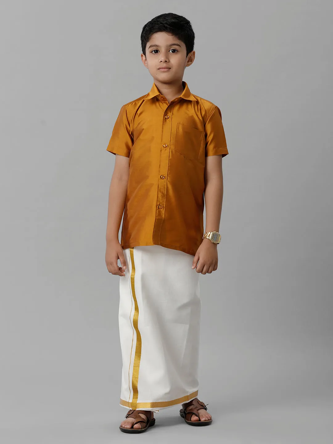 Boys Silk Cotton Mustard Half Sleeves Shirt with Adjustable Cream Dhoti Combo K37