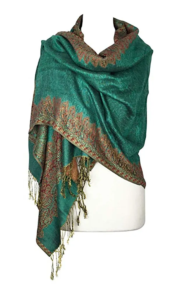 DB003-14 Green Border Print Pashmina Scarf