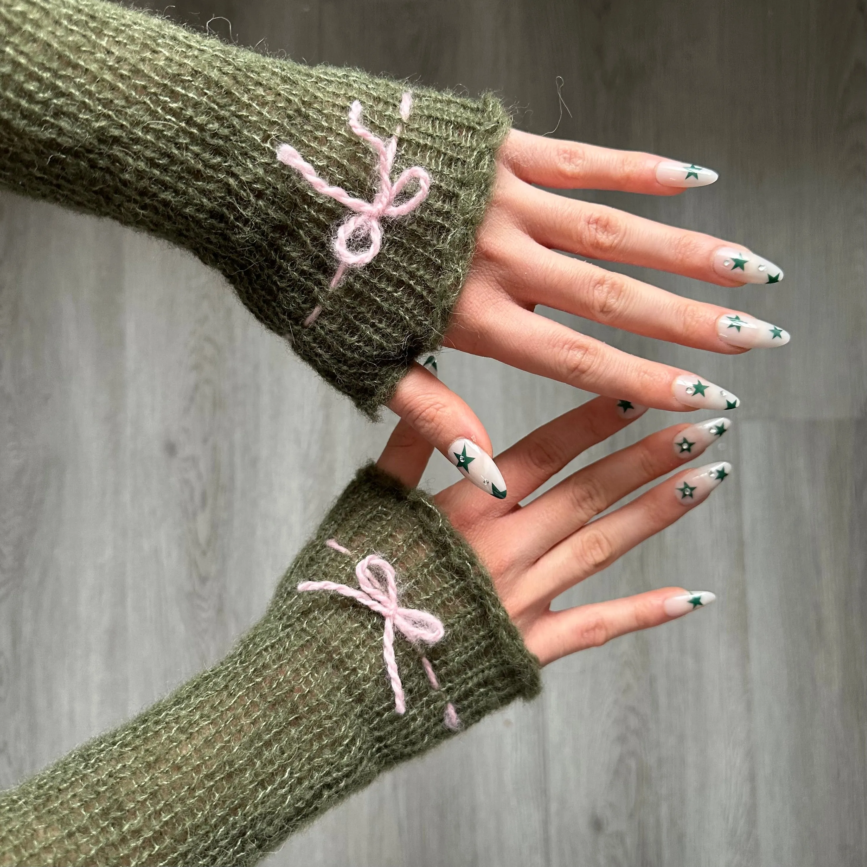 Handmade knitted mohair bow gloves in khaki green & baby pink - with thumb hole