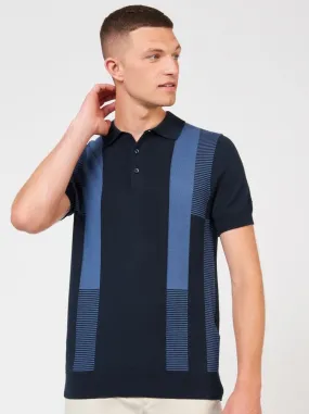 Intarsia Stripe Knit Polo - Dark Navy