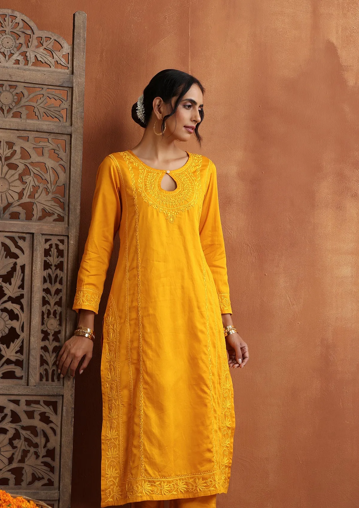 Jaam Silk Chikankari Solid Women's 2 PC Long Kurta Set - Yellow