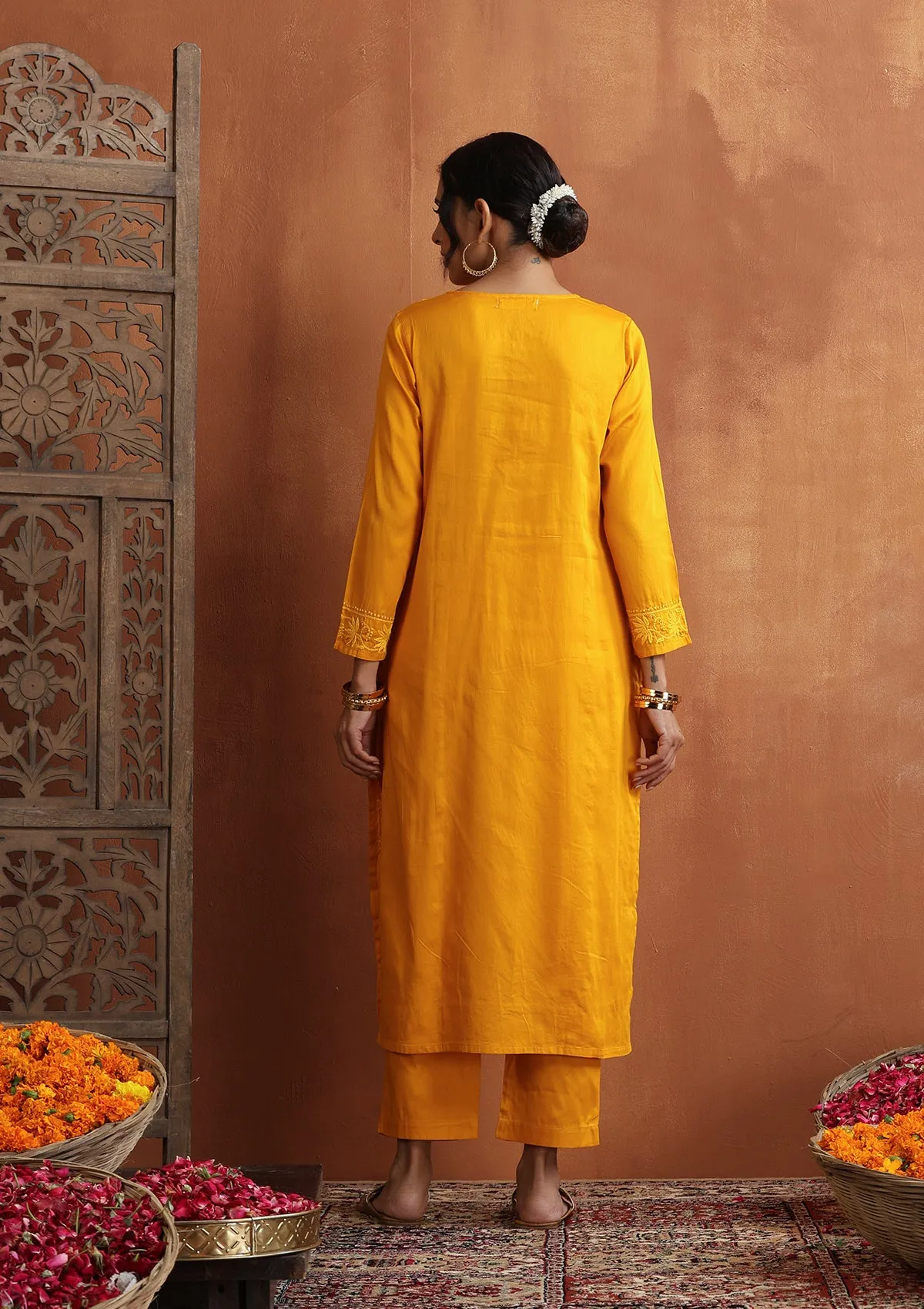 Jaam Silk Chikankari Solid Women's 2 PC Long Kurta Set - Yellow