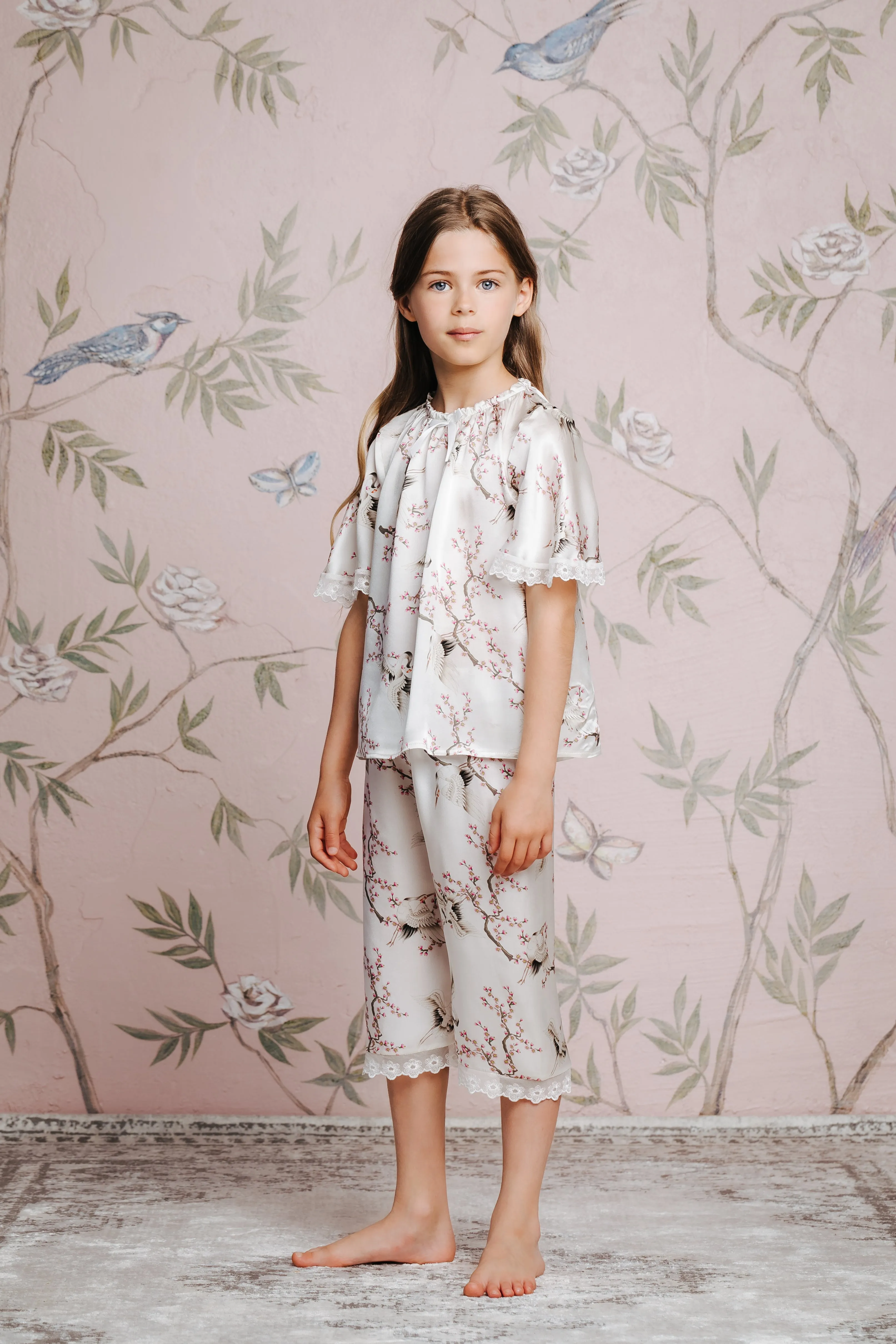 MARITE - GIRLS' SILK PYJAMA SET IVORY BIRDS