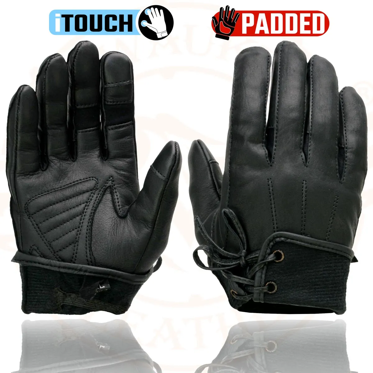 Milwaukee Leather MG7770 Women's Black Leather ’I - Touchscreen Compatible’ Laced Wrist Motorcycle Hand Gloves W/ Gel Palm