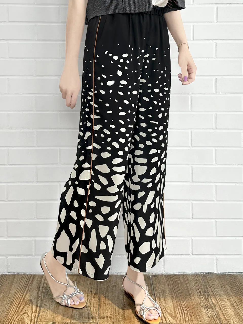 Mono Gradate Dots Contrast Piping Silky Cropped Trousers