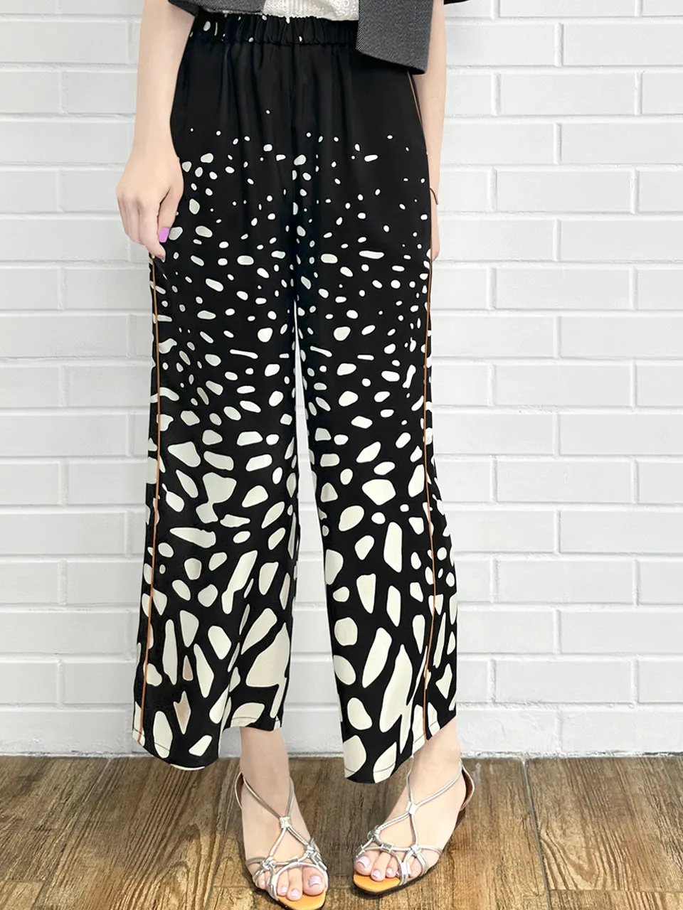 Mono Gradate Dots Contrast Piping Silky Cropped Trousers