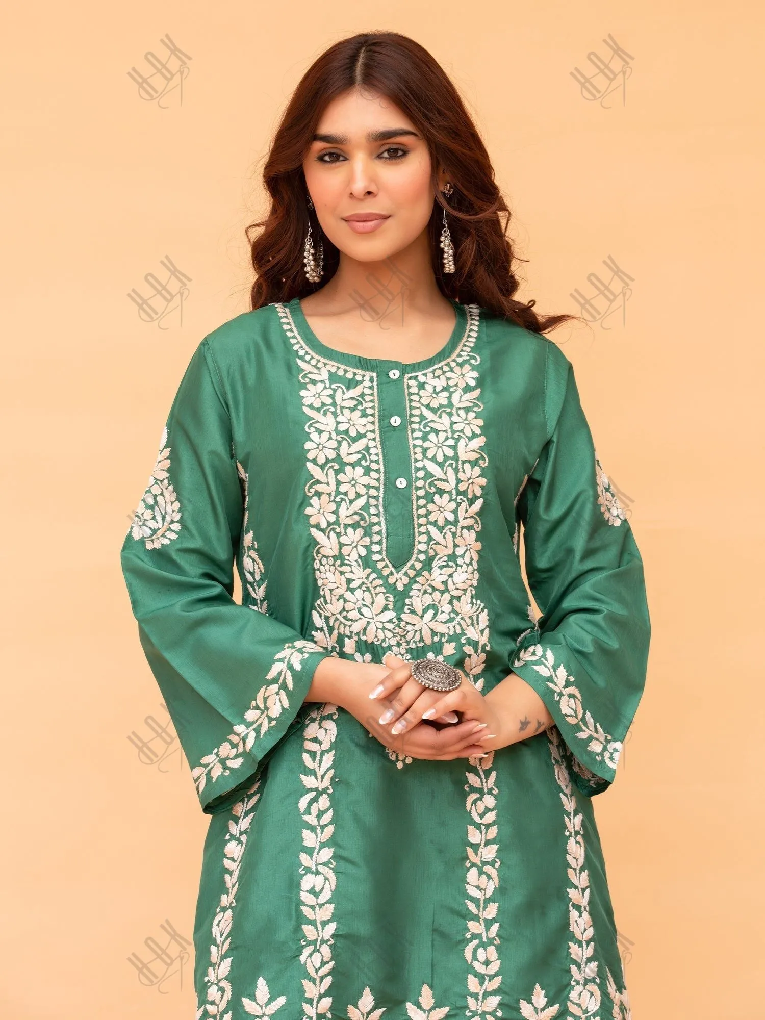 Nisa in Saba Chikankari Kurta Set in Habutai Silk - Green