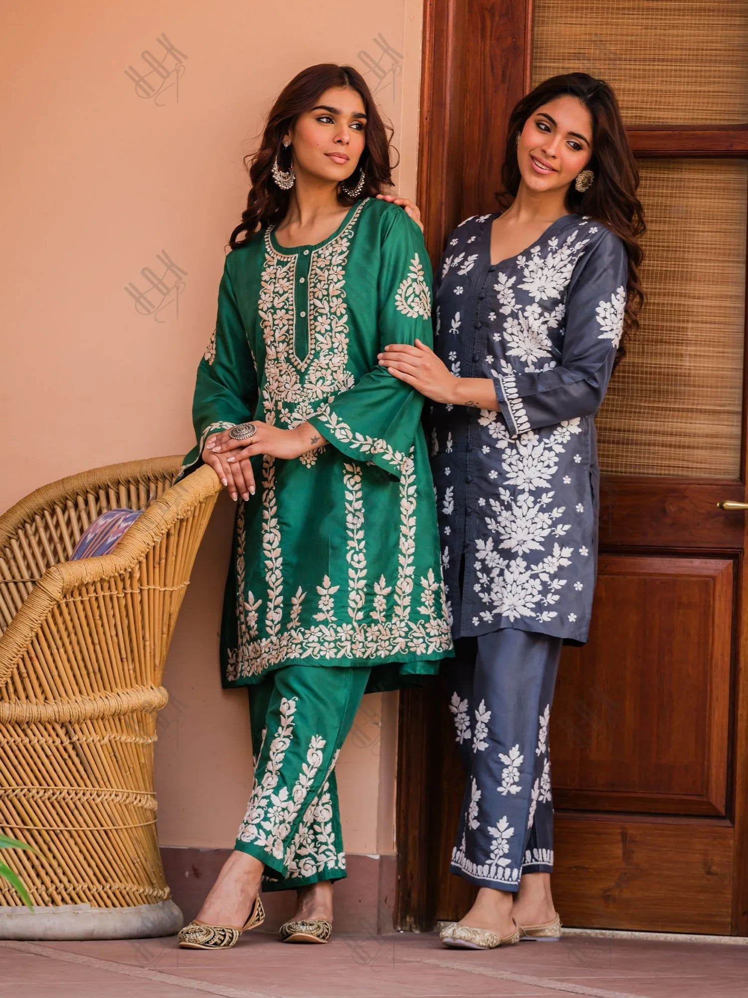 Nisa in Saba Chikankari Kurta Set in Habutai Silk - Green