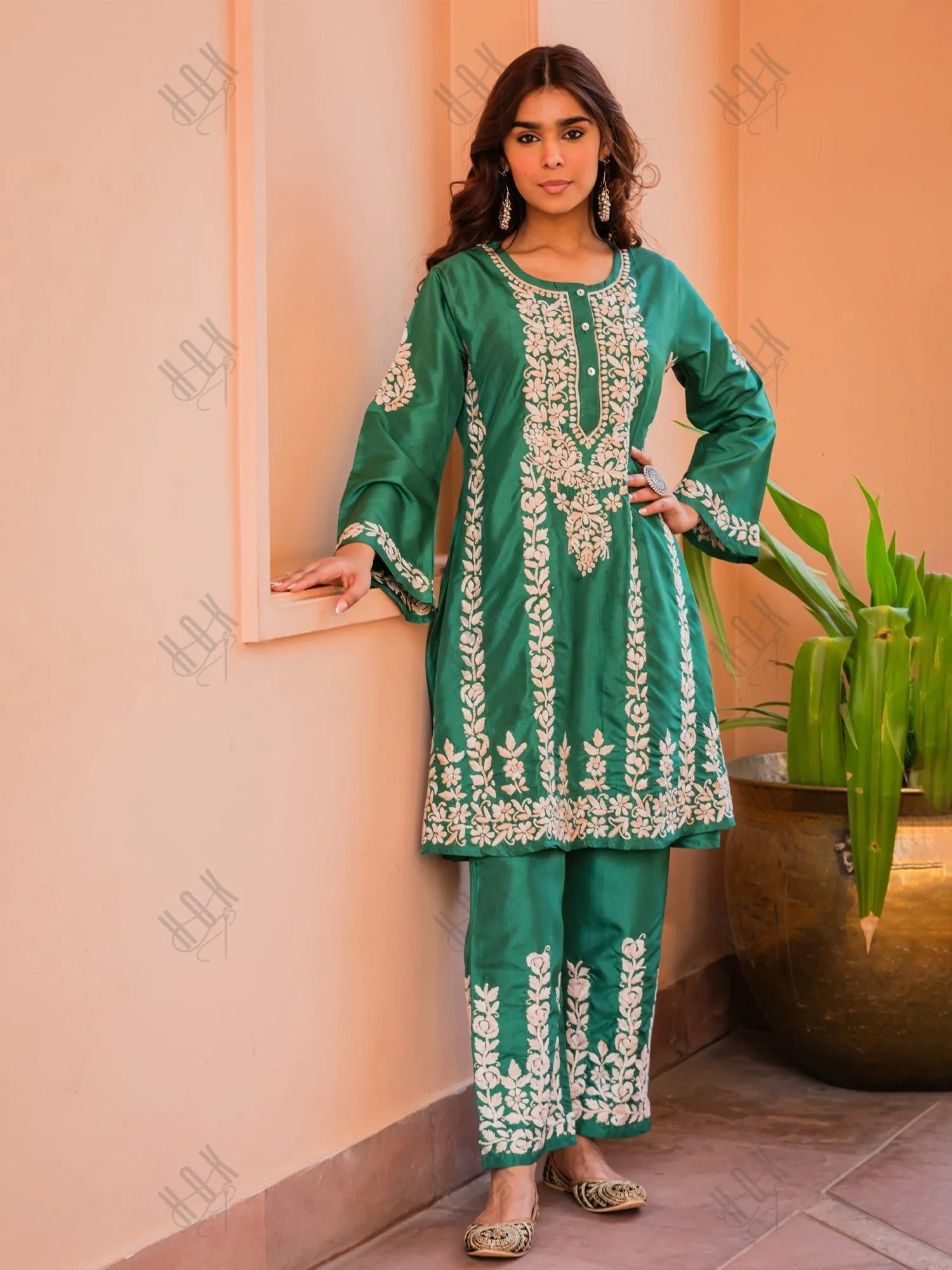 Nisa in Saba Chikankari Kurta Set in Habutai Silk - Green