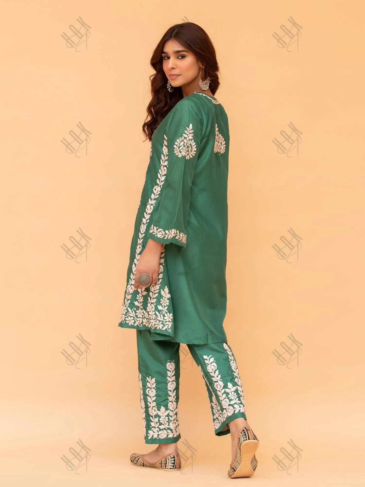 Nisa in Saba Chikankari Kurta Set in Habutai Silk - Green