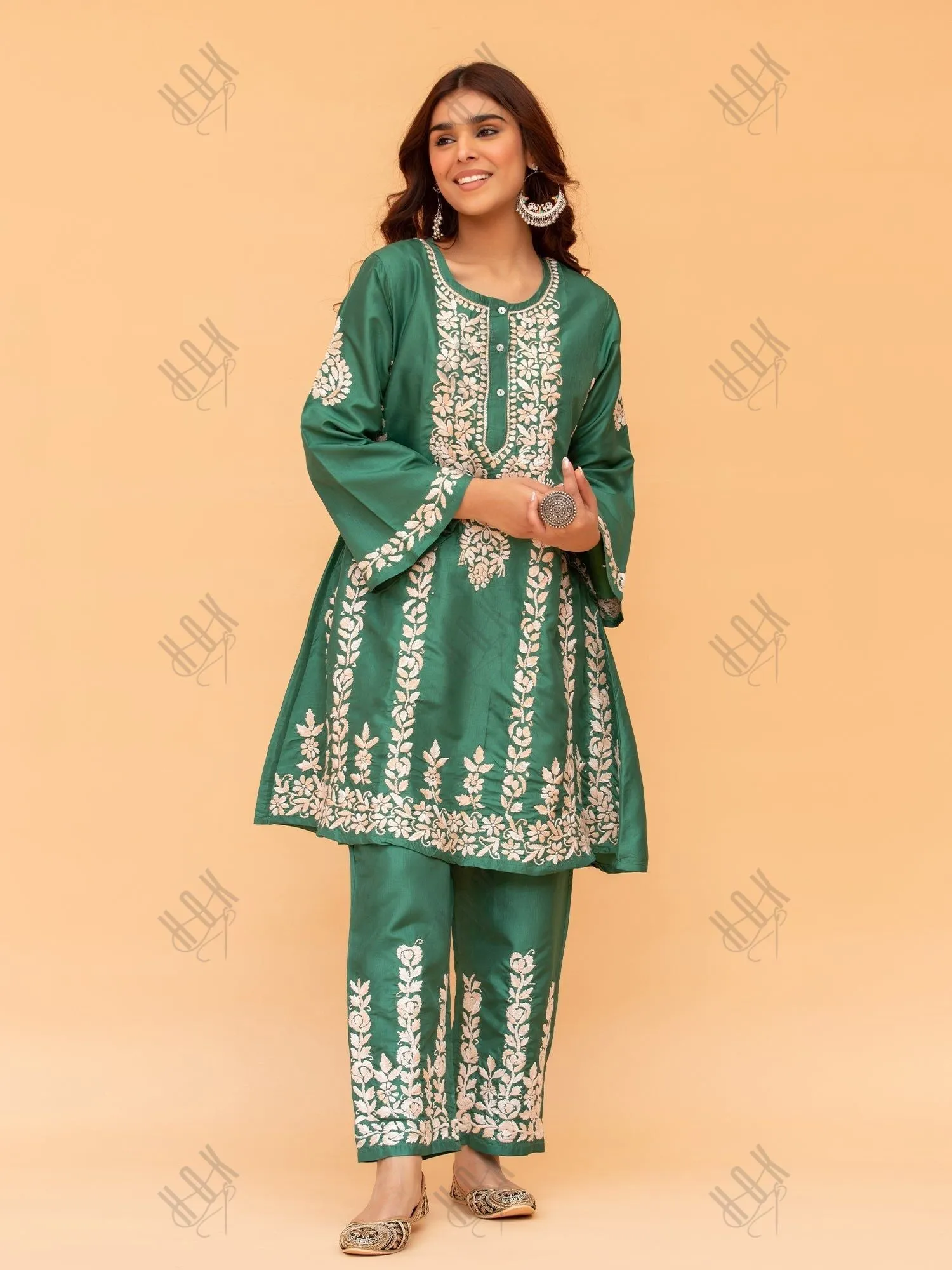 Nisa in Saba Chikankari Kurta Set in Habutai Silk - Green