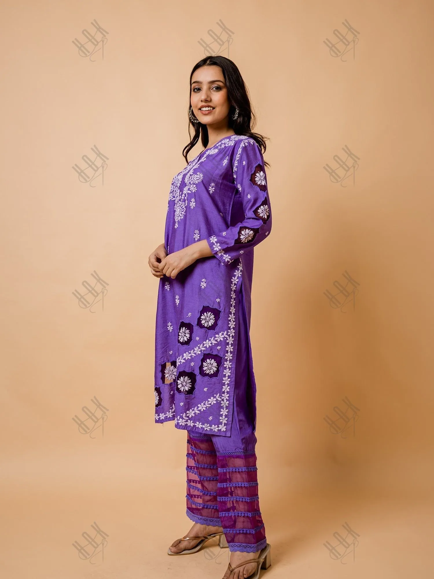 Purple Chikankari Chanderi Silk Kurta by Fizaa