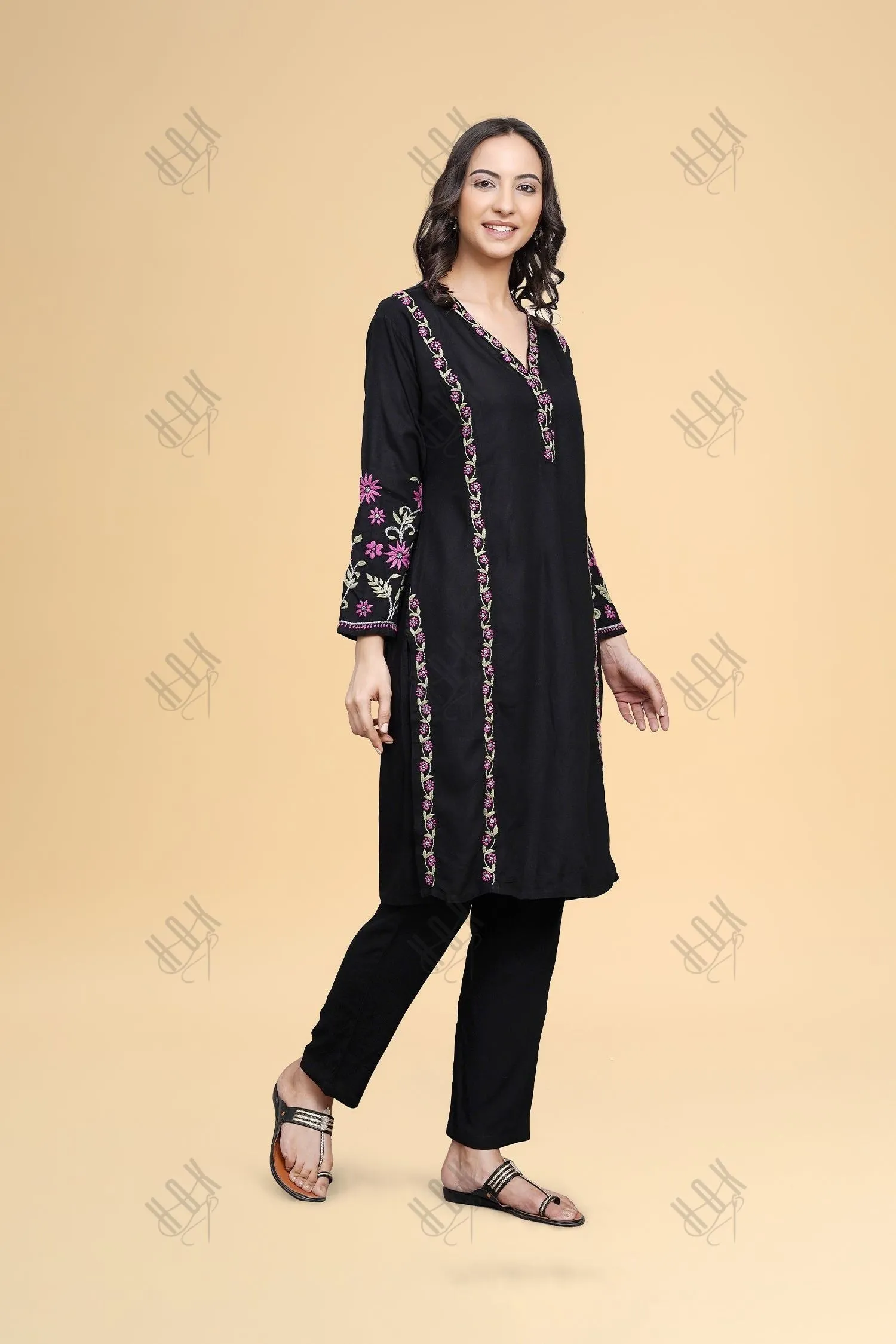 Saba Chikankari Kurta Set in Rayon Cotton - Black