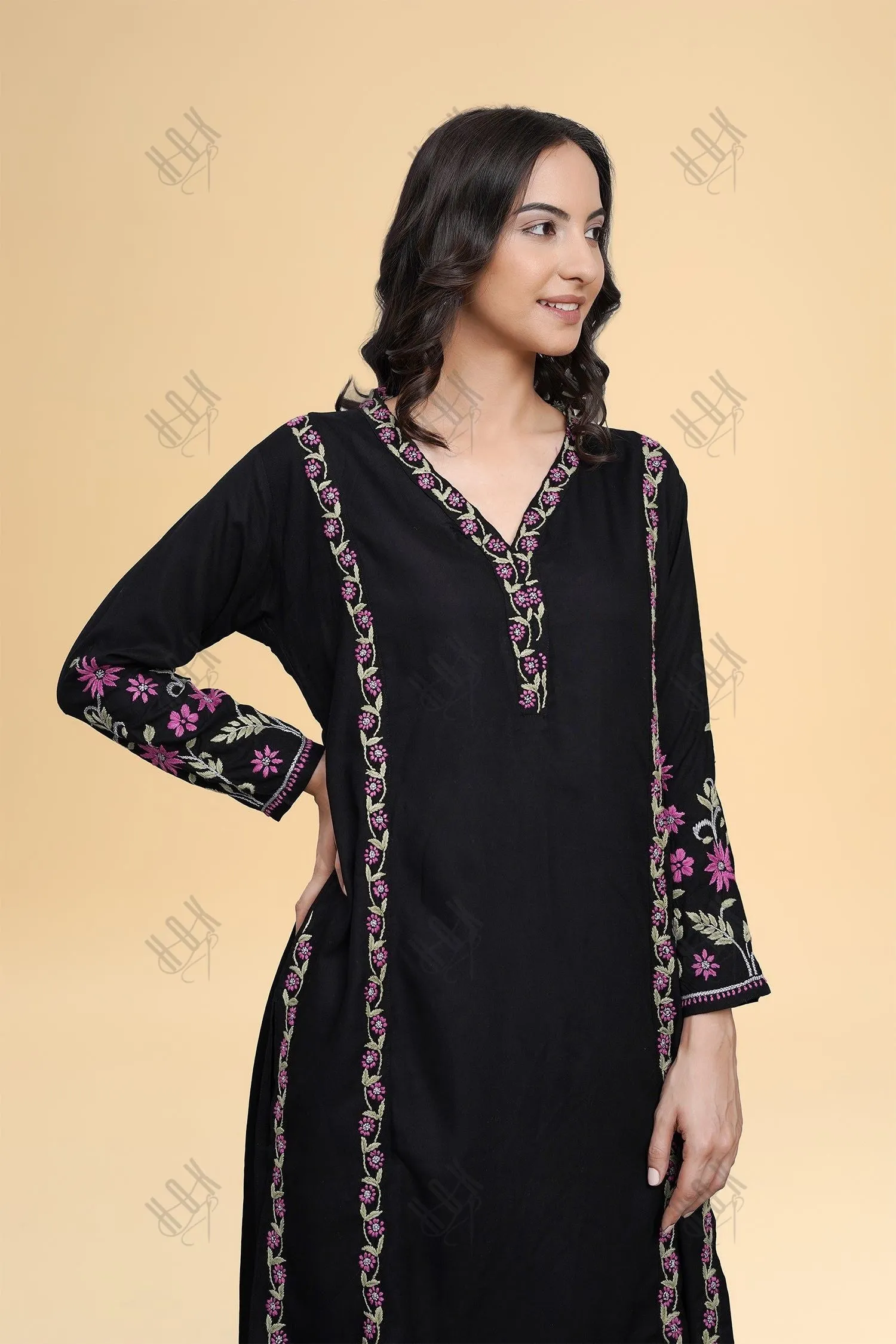 Saba Chikankari Kurta Set in Rayon Cotton - Black