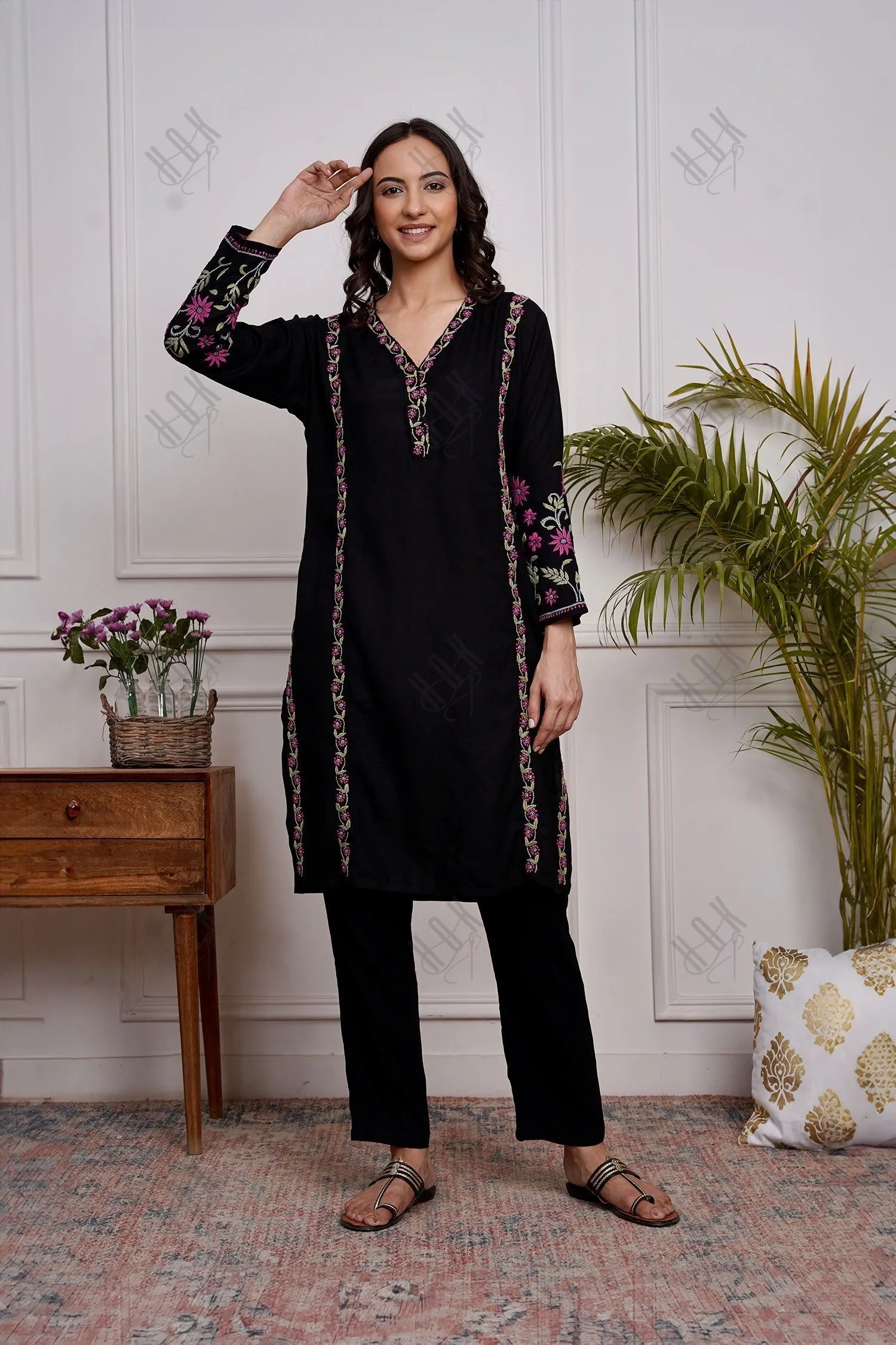 Saba Chikankari Kurta Set in Rayon Cotton - Black