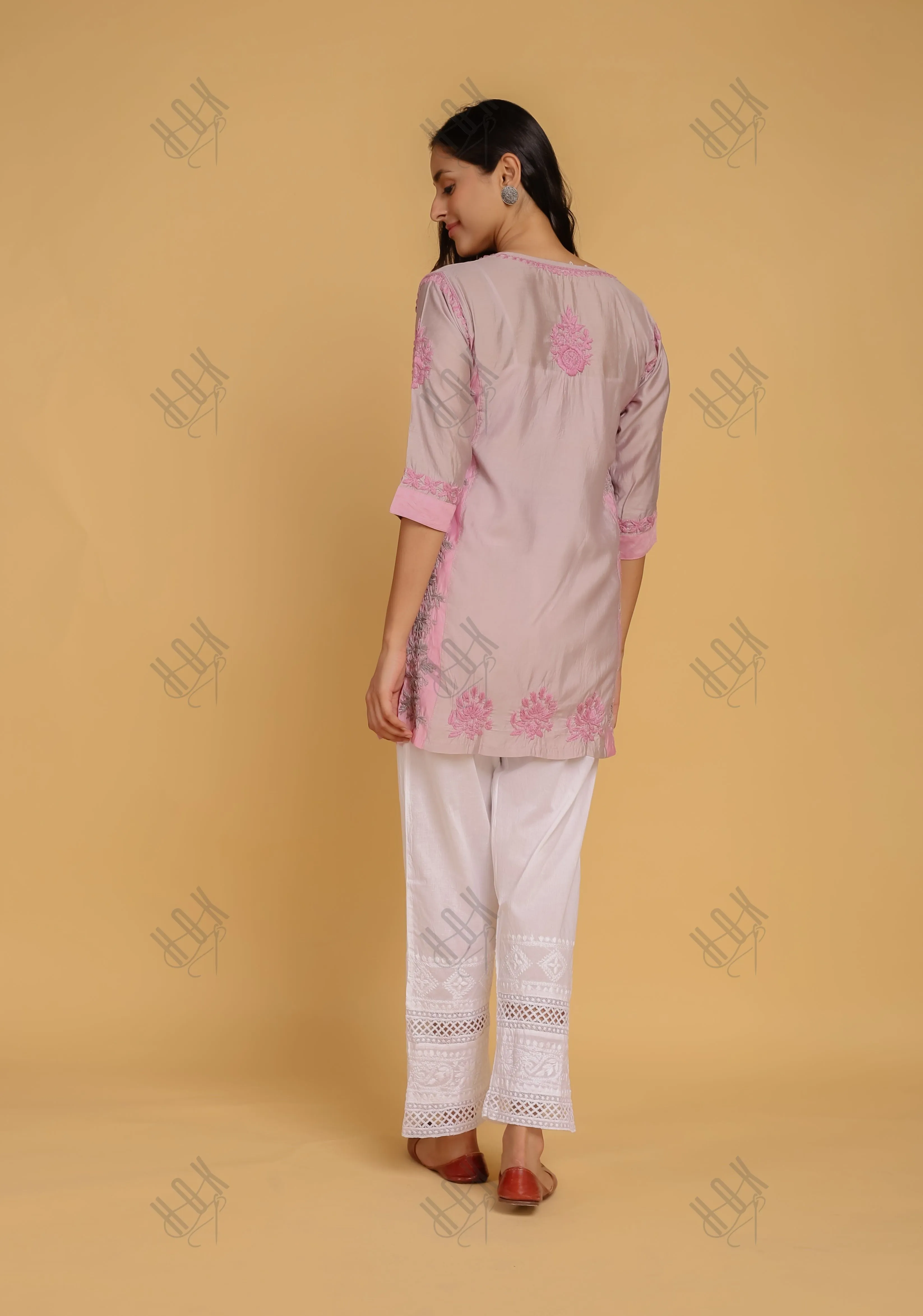 Saba Chikankari Short kurta in Chanderi Silk - Grey Pink