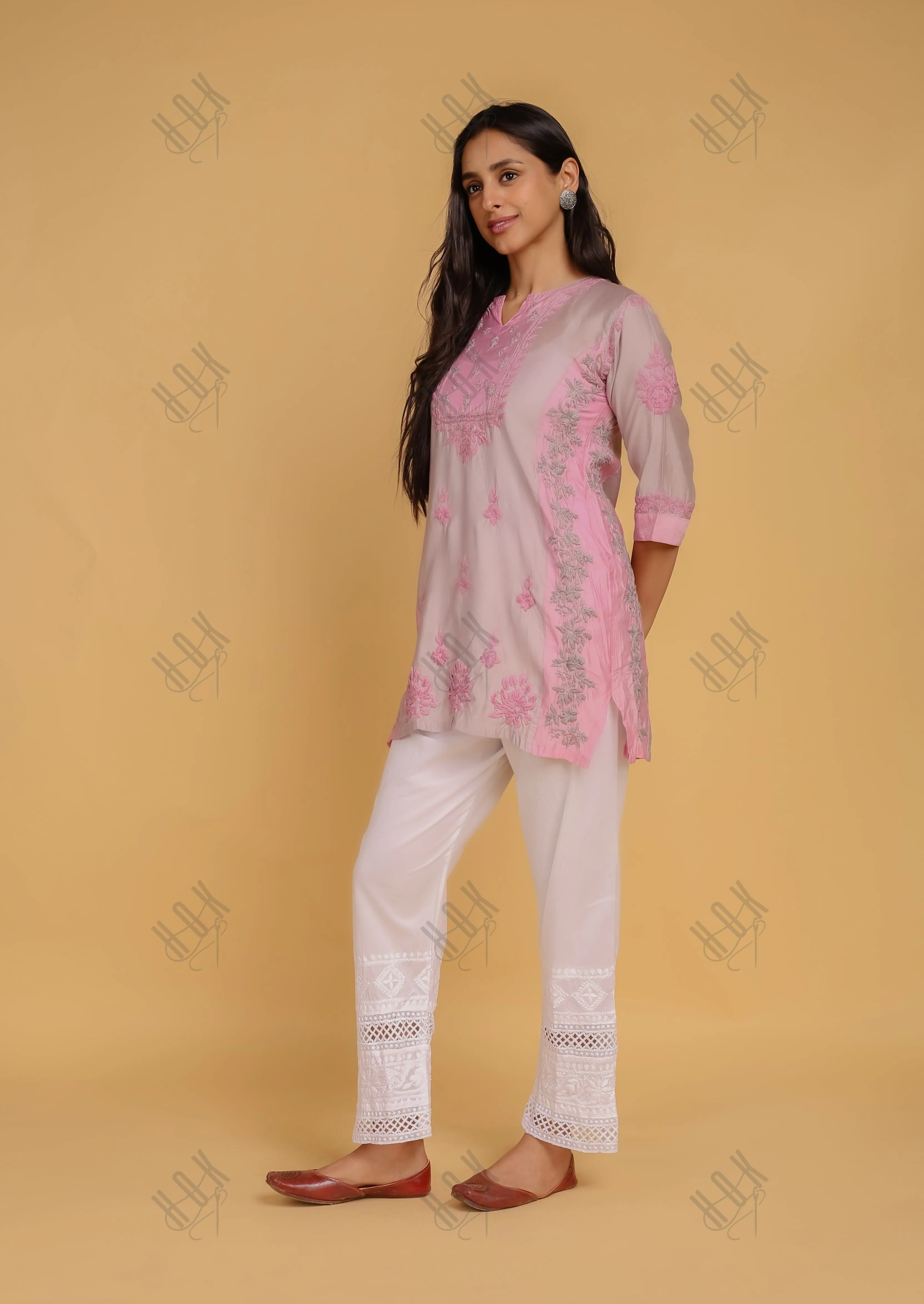 Saba Chikankari Short kurta in Chanderi Silk - Grey Pink