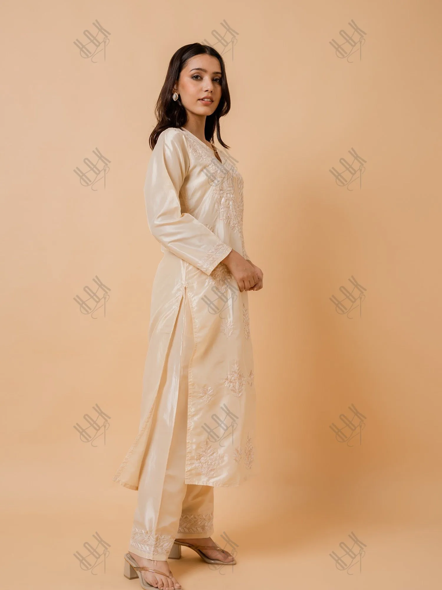 Saba Silk Chikankari Kurta Set for Women - Beige