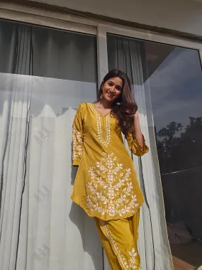 Sneha in Saba Chikankari Kurta Set in Habutai Silk - Mustard