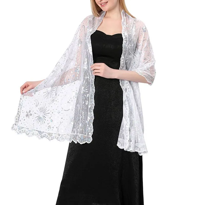 Sparkly Sequin Embroidery Lace Mesh Shawl