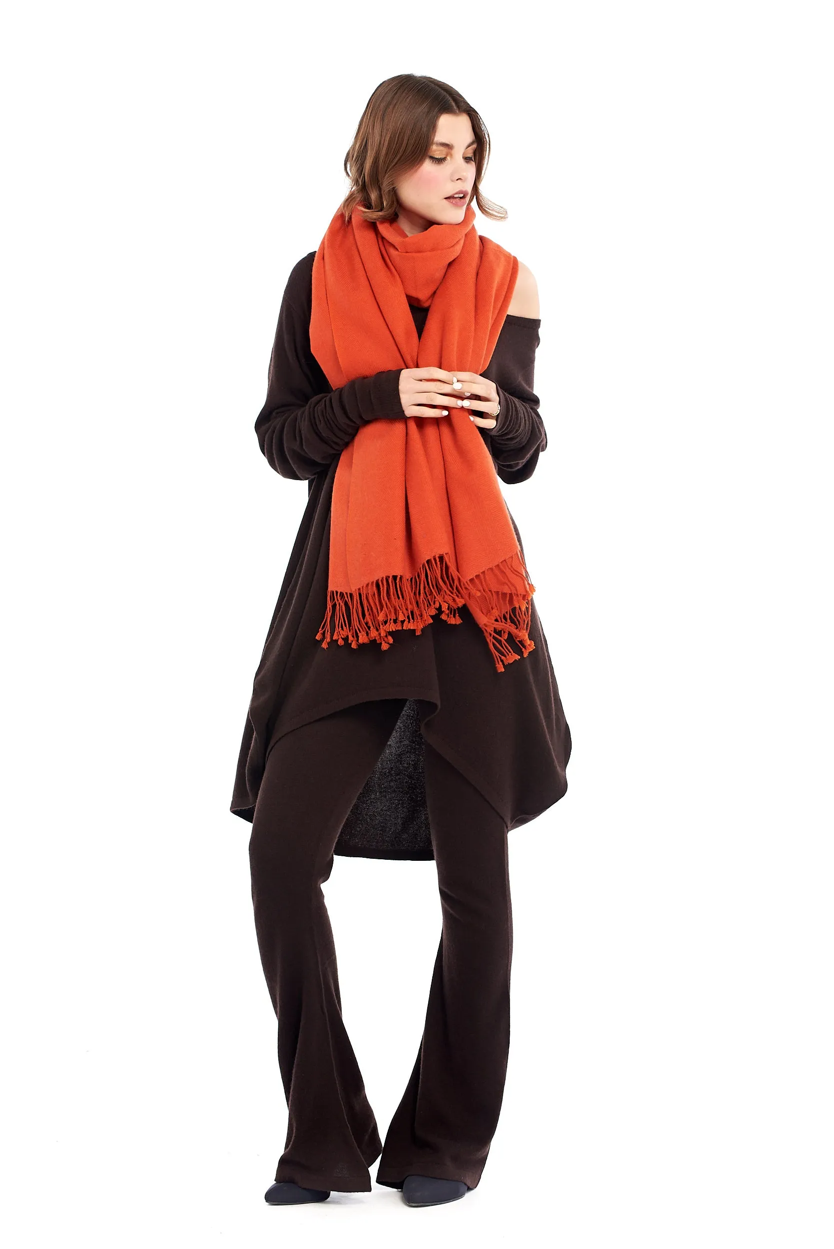 THICK LUXURY CASHMERE HERRINGBONE SHAWL - SPICY ORANGE