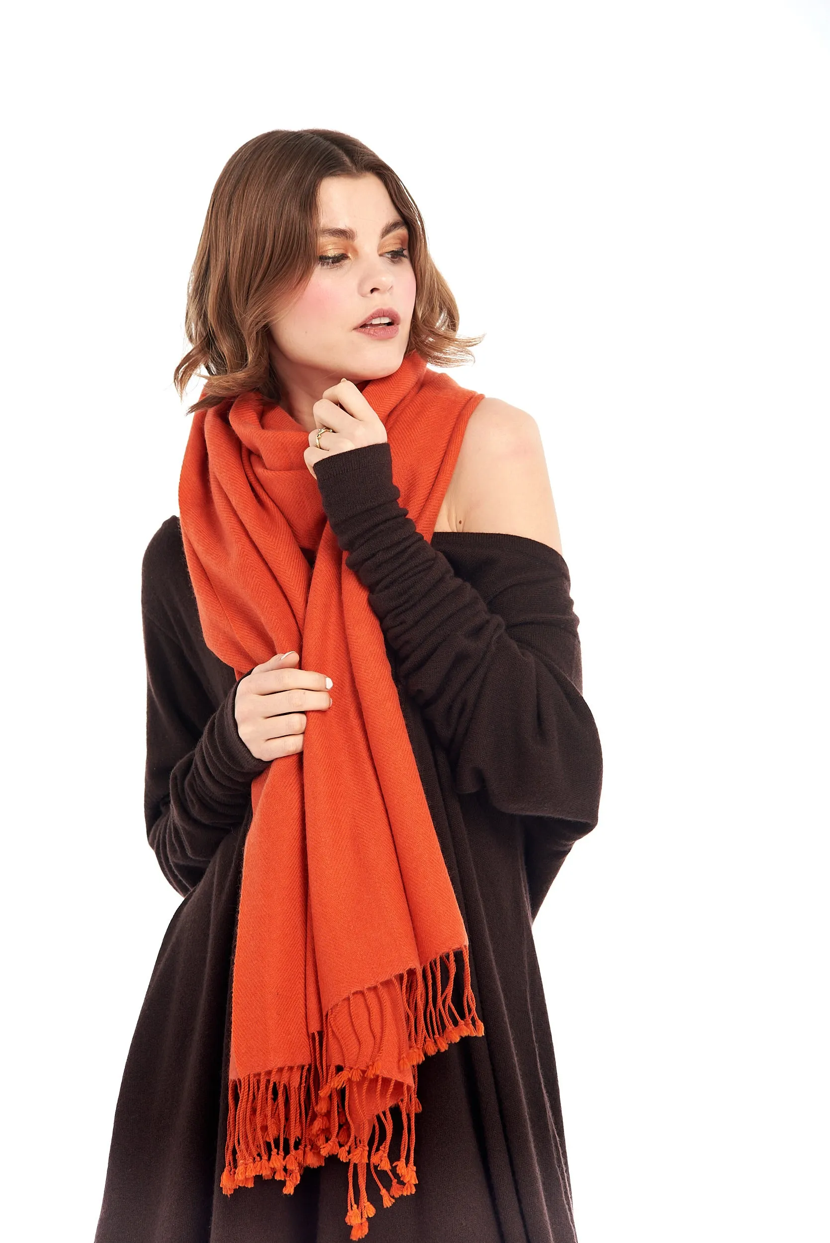 THICK LUXURY CASHMERE HERRINGBONE SHAWL - SPICY ORANGE