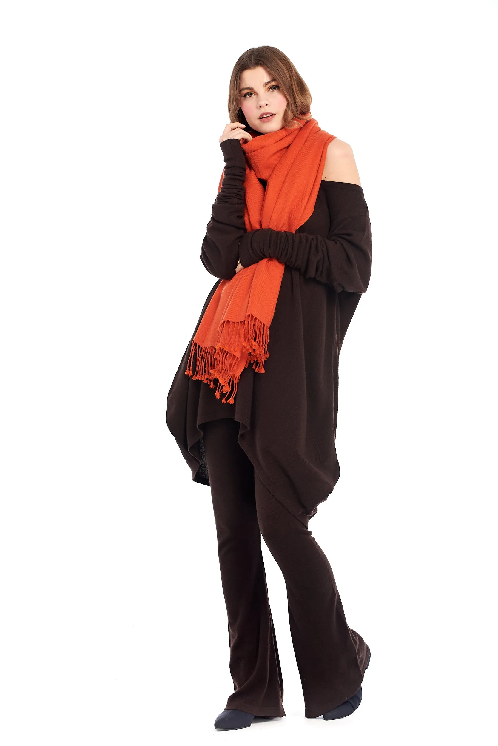 THICK LUXURY CASHMERE HERRINGBONE SHAWL - SPICY ORANGE