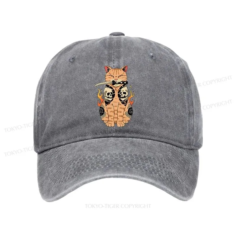 Tokyo-Tiger Catana Cat Skull Tattooed Samurai Washed Cap