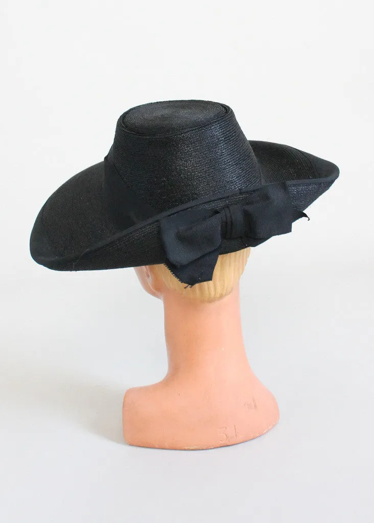 Vintage Early 1940s Wide Brim Black Straw Hat