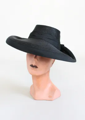 Vintage Early 1940s Wide Brim Black Straw Hat