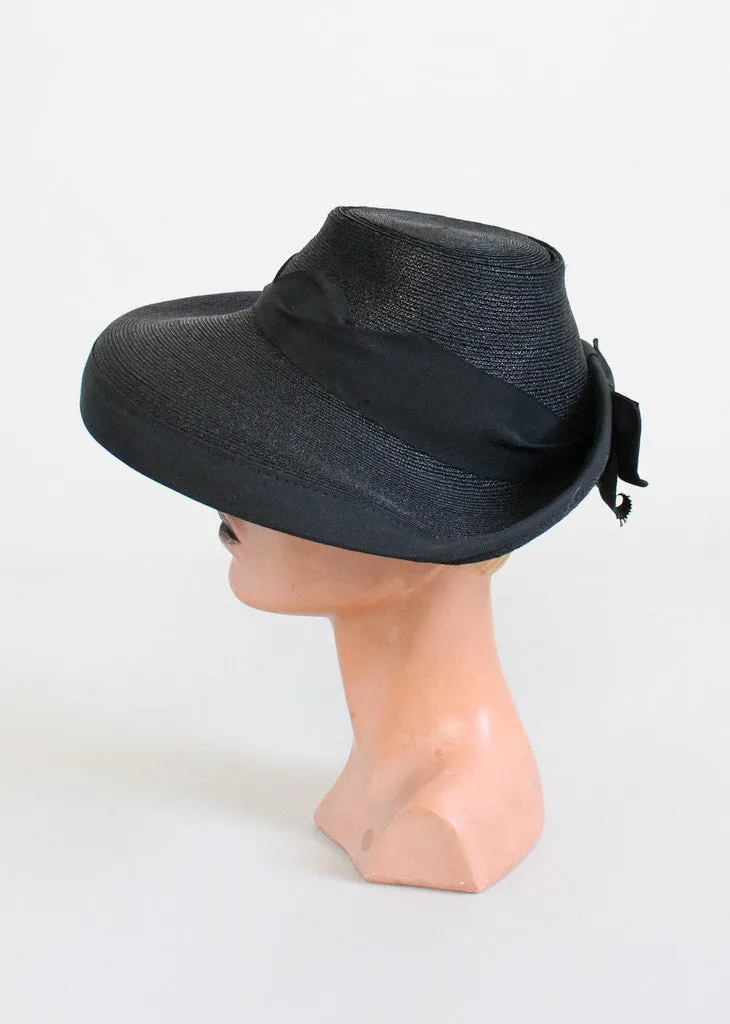 Vintage Early 1940s Wide Brim Black Straw Hat