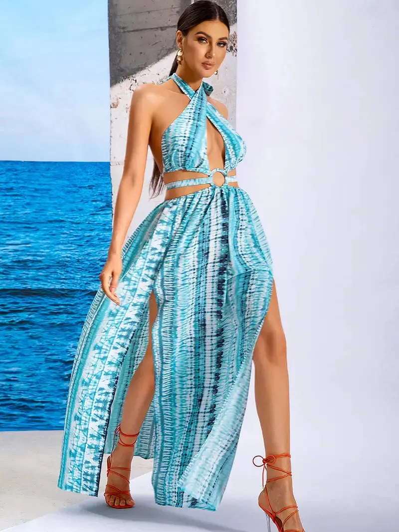 Zakynthos Blue Print Halter Summer Maxi Dress